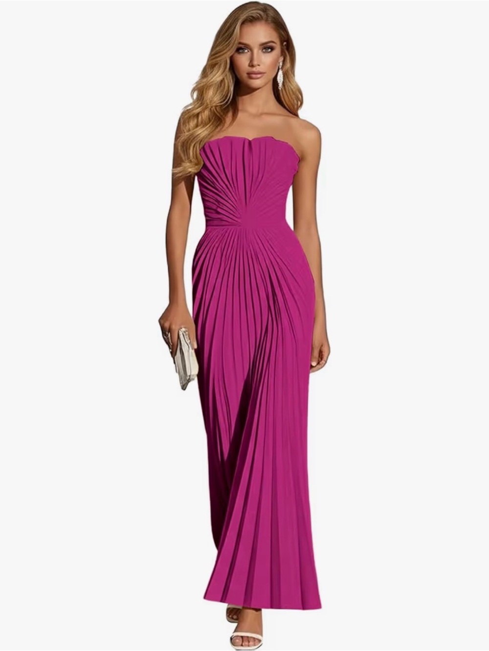 Strapless Pleated Magenta Formal Dress